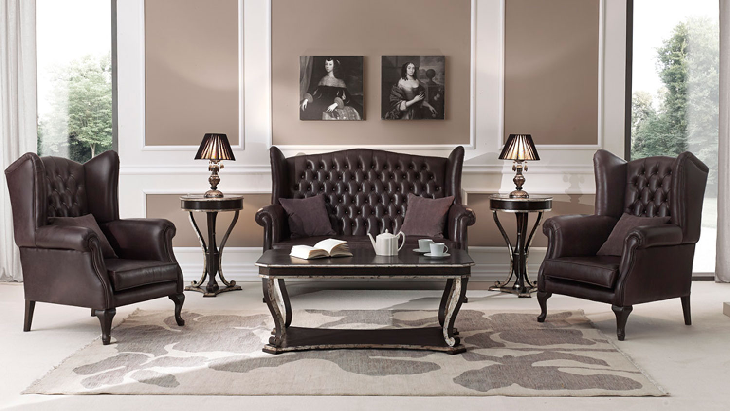 chesterfield sofa and armchairs brown leather 5513