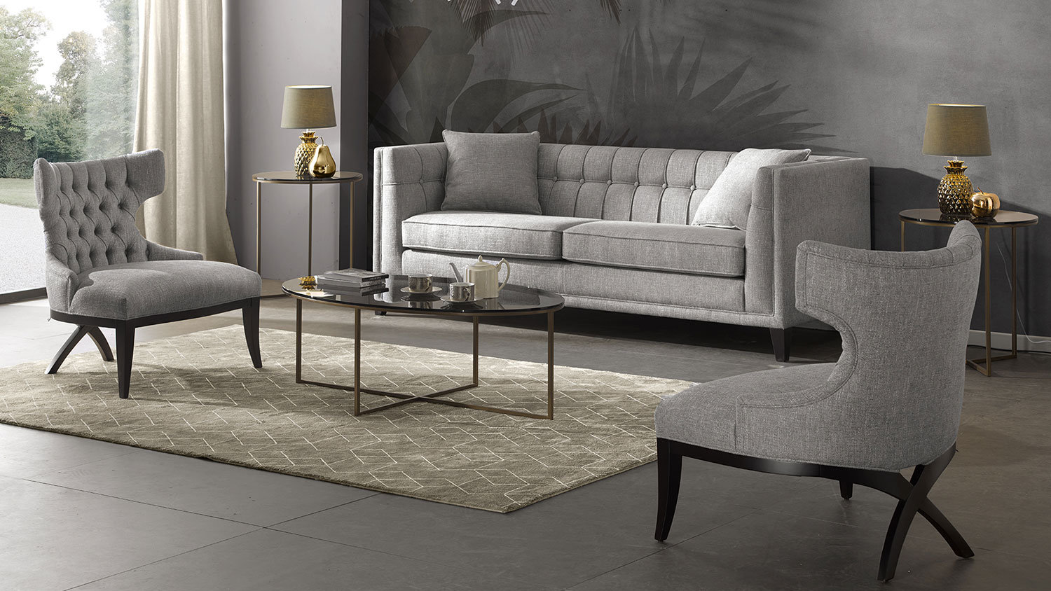 contemporary lixis sofa with two armchairs and oval glass coffee table 3841