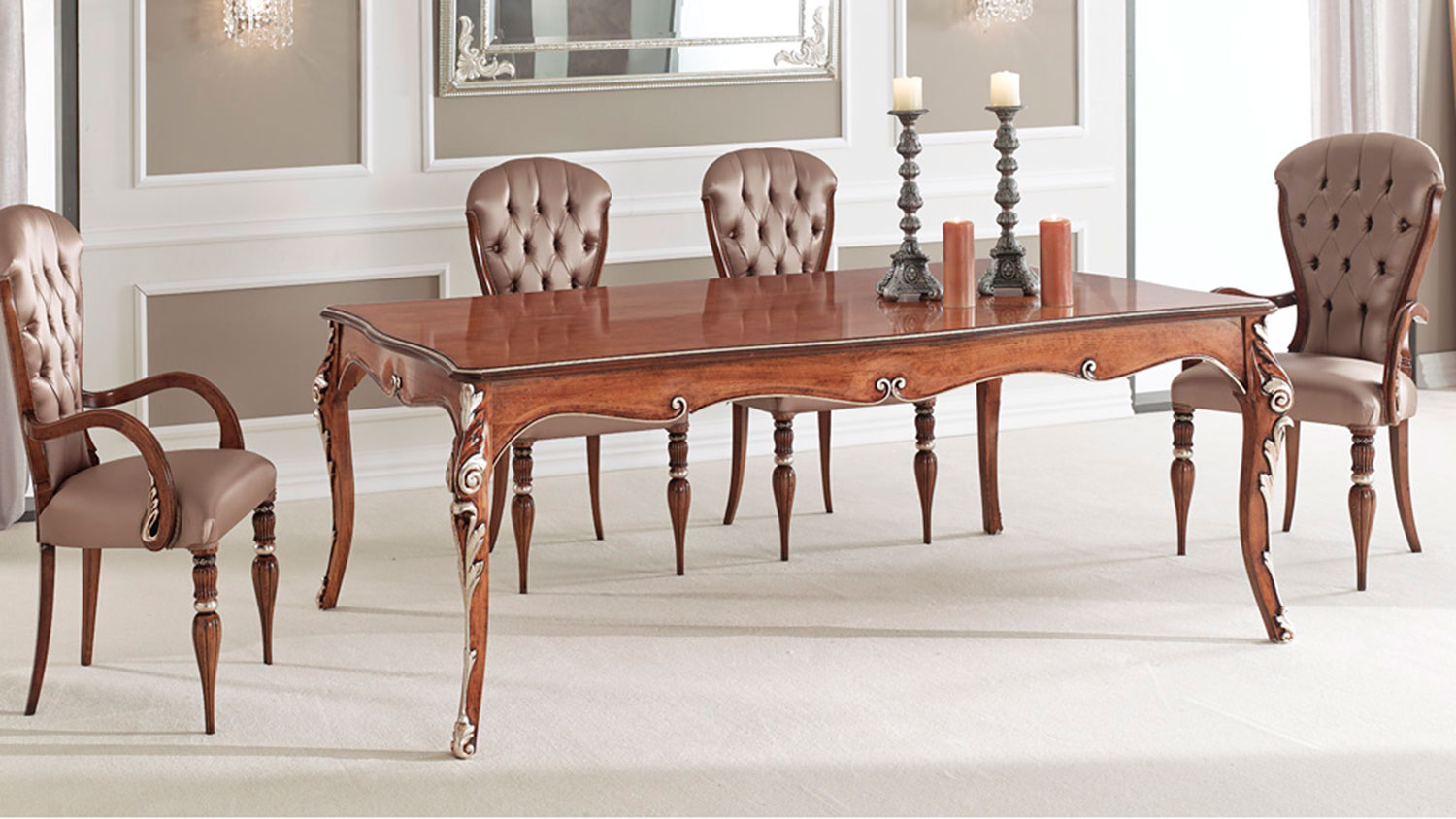 rectangular extandable table on 4 legs baroque style with high back chairs 7321