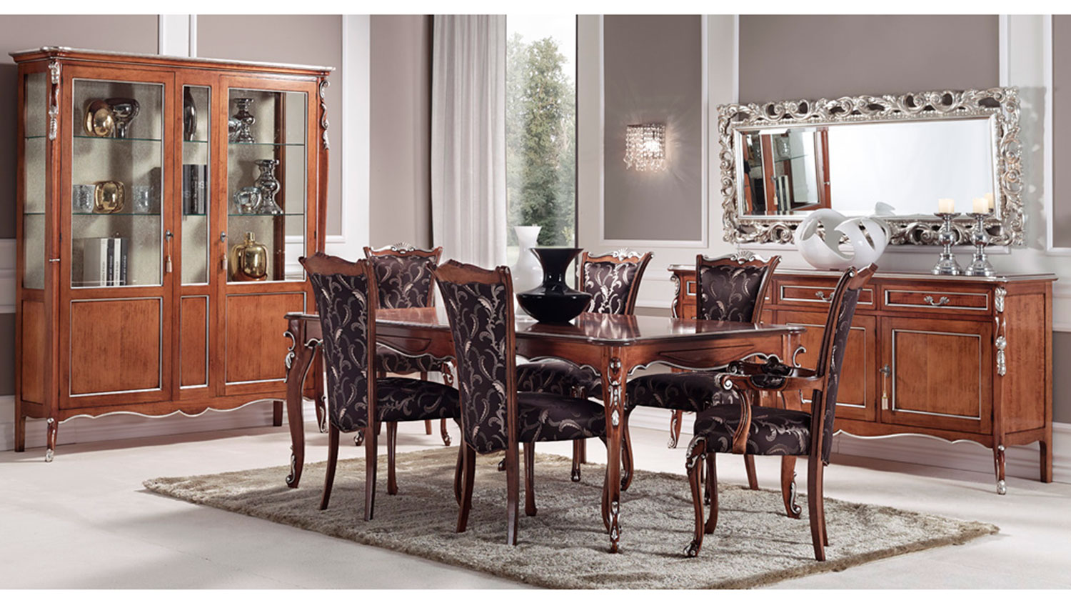 wooden baroque style dining with table chairs and cabinets 3978