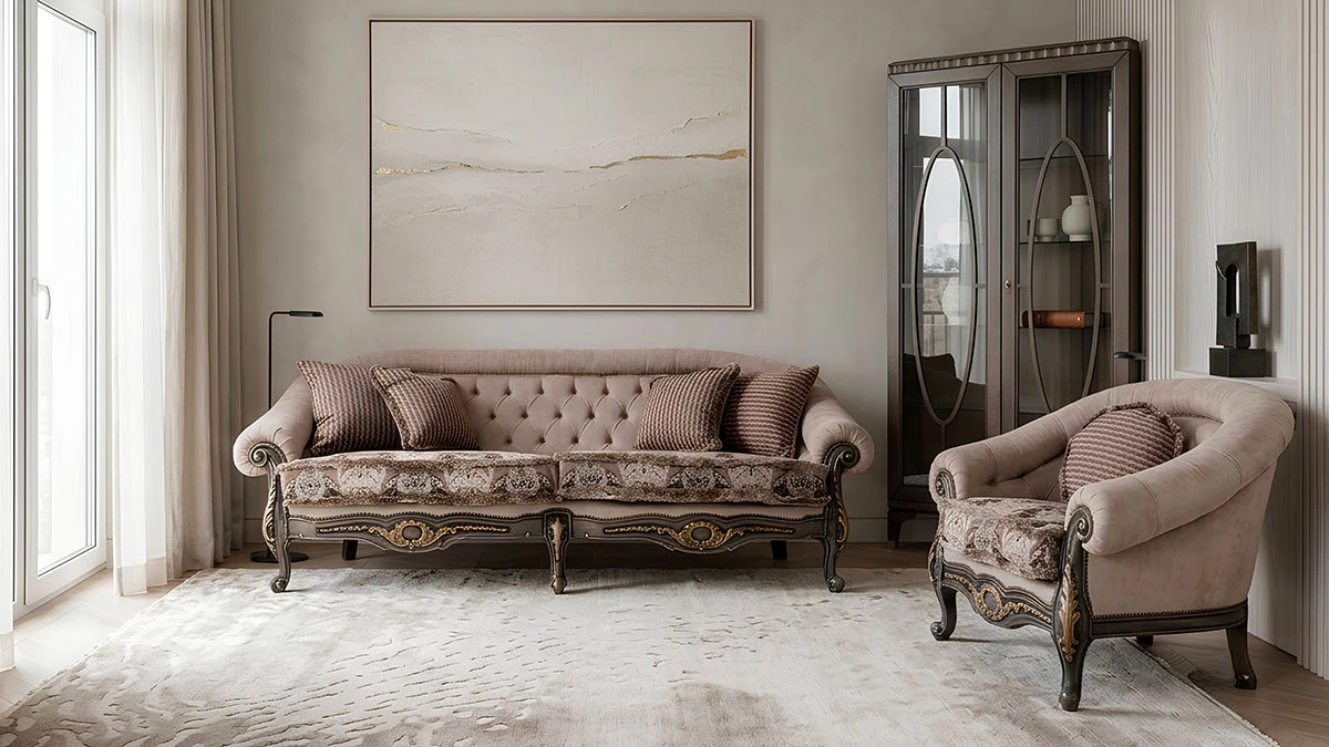 Divano a due posti e poltrona vintage beige in stile barocco con struttura in legno intagliato. Nell'angolo una vetrina contemporanea in legno massello con due ante in vetro, esempio di arredamento italiano di lusso.