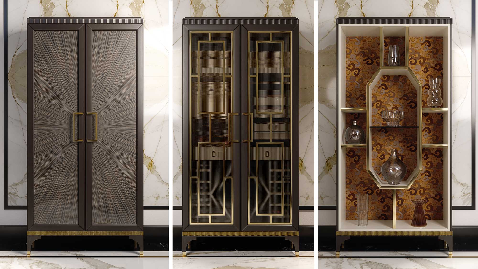 Tre mobili contenitori di lusso della collezione Elegance Project by Sevensedie: armadio a due ante, mobile portabottiglie e vetrina espositiva