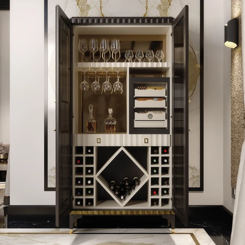 Elegante mobile bar Aldar, Elegance Project by Sevensedie con bottiglie di vino e calici in cristallo
